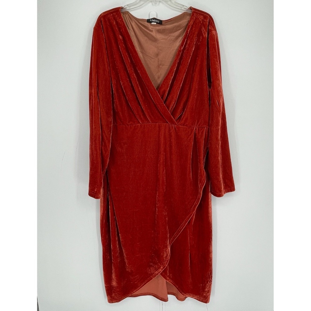 GMHO Women's Orange Velvet Faux Wrap Holiday Formal Midi Dress Plus Size 22W